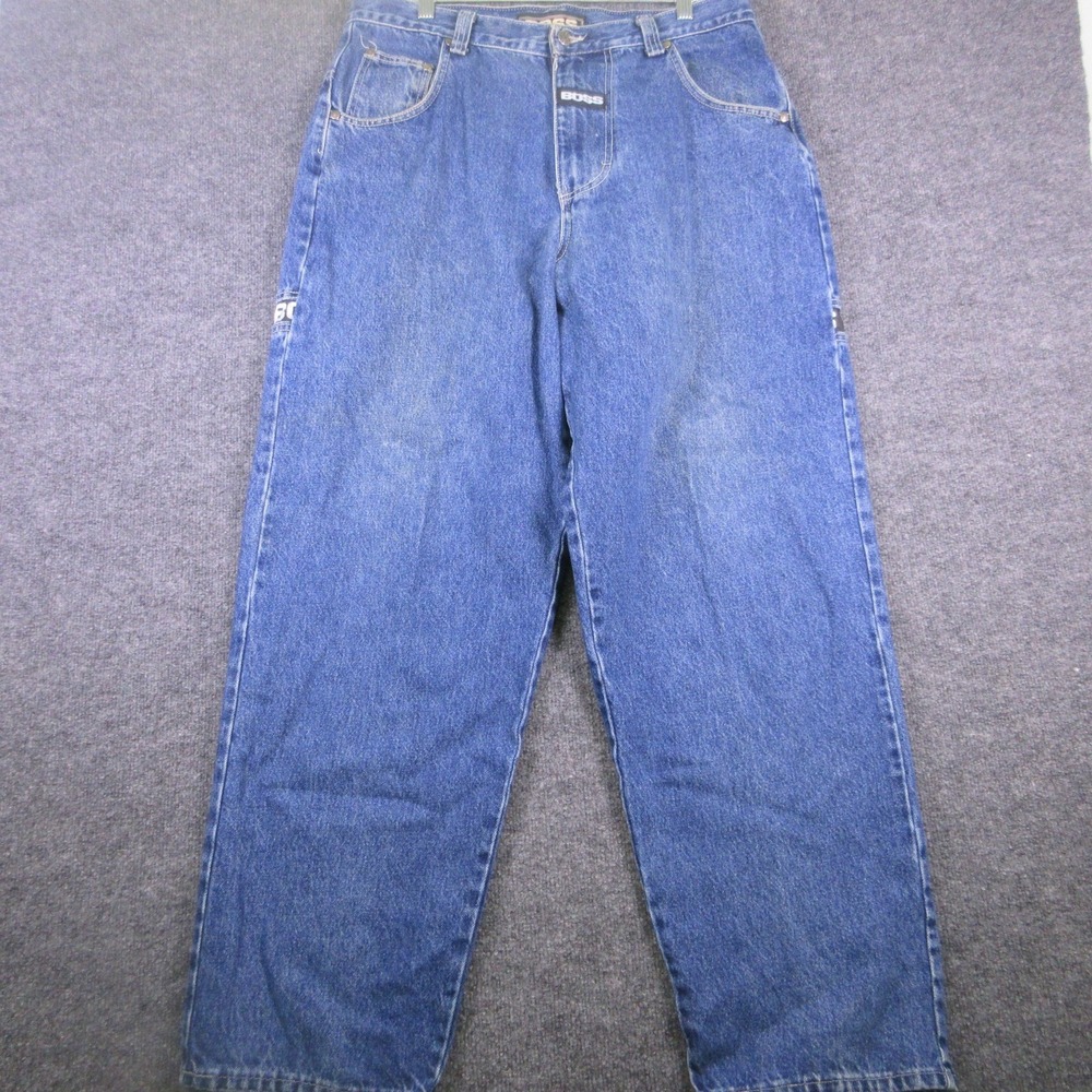 Y2K Boss Jeans Mens 36x31 Blue Baggy Fit Straight Logo Tape Denim Medium Wash